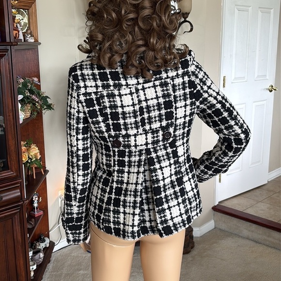 JOU JOU Lux Black & White Tweed Wool Blend Cropped Pea Coat Button Up Jacket - Picture 10 of 16